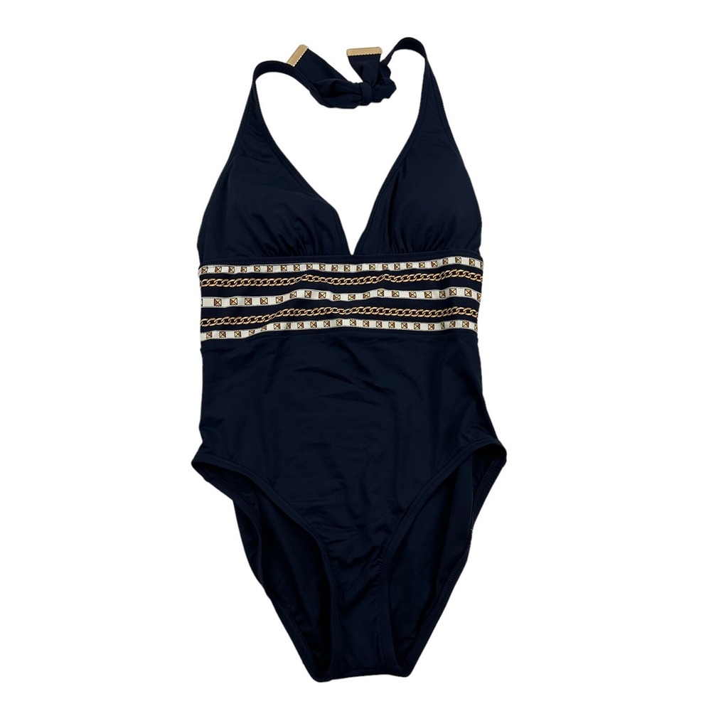 NWT Michael Michael Kors Blue One Piece Swimsuit Chain Link Halter Top Sz 6 $114